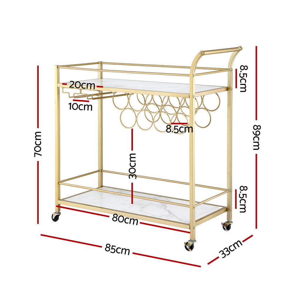 Kitchen & Dining Trolleys: Artiss Bar Cart Drinks Trolley Serving Wine Rack Glass Holder Marble 85cm Gold