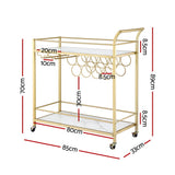 Kitchen & Dining Trolleys: Artiss Bar Cart Drinks Trolley Serving Wine Rack Glass Holder Marble 85cm Gold