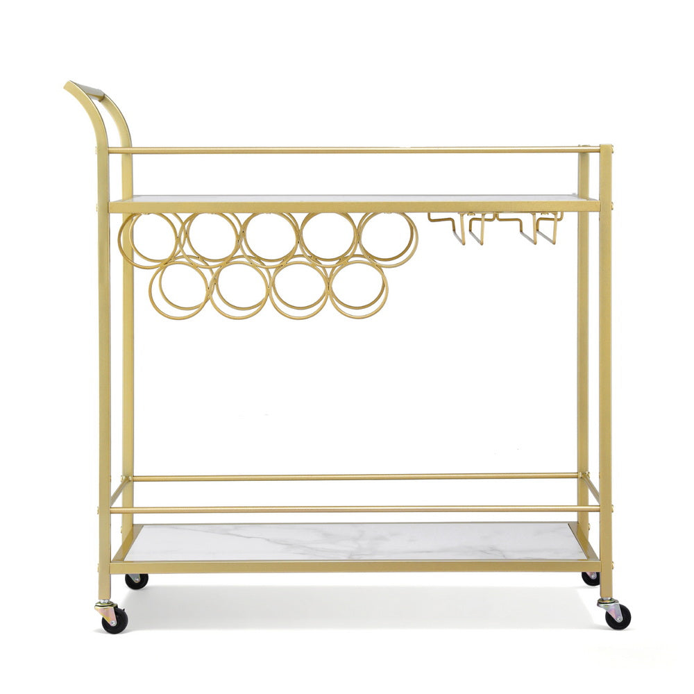 Kitchen & Dining Trolleys: Artiss Bar Cart Drinks Trolley Serving Wine Rack Glass Holder Marble 85cm Gold