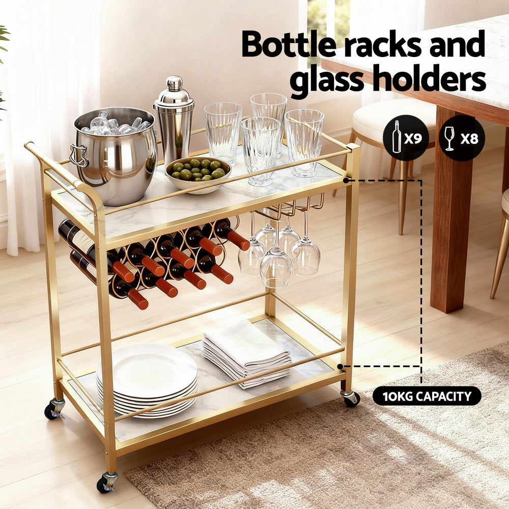 Kitchen & Dining Trolleys: Artiss Bar Cart Drinks Trolley Serving Wine Rack Glass Holder Marble 85cm Gold