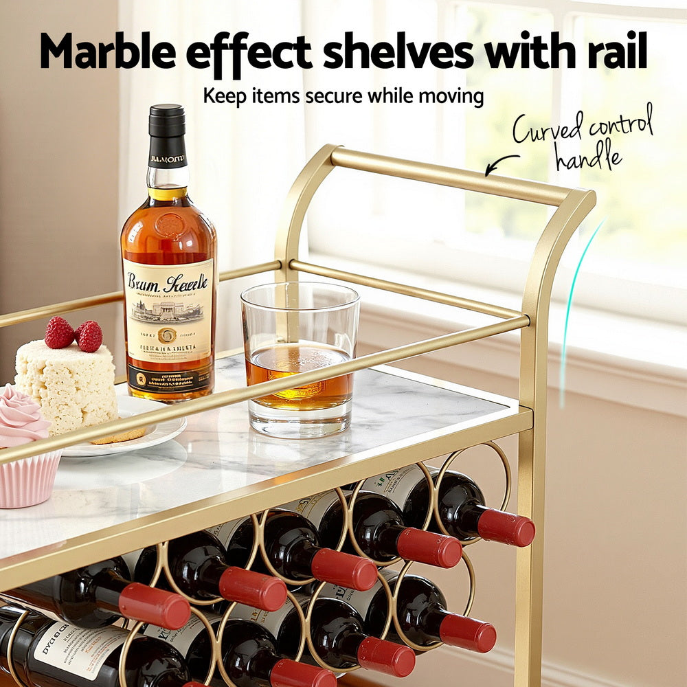 Kitchen & Dining Trolleys: Artiss Bar Cart Drinks Trolley Serving Wine Rack Glass Holder Marble 85cm Gold