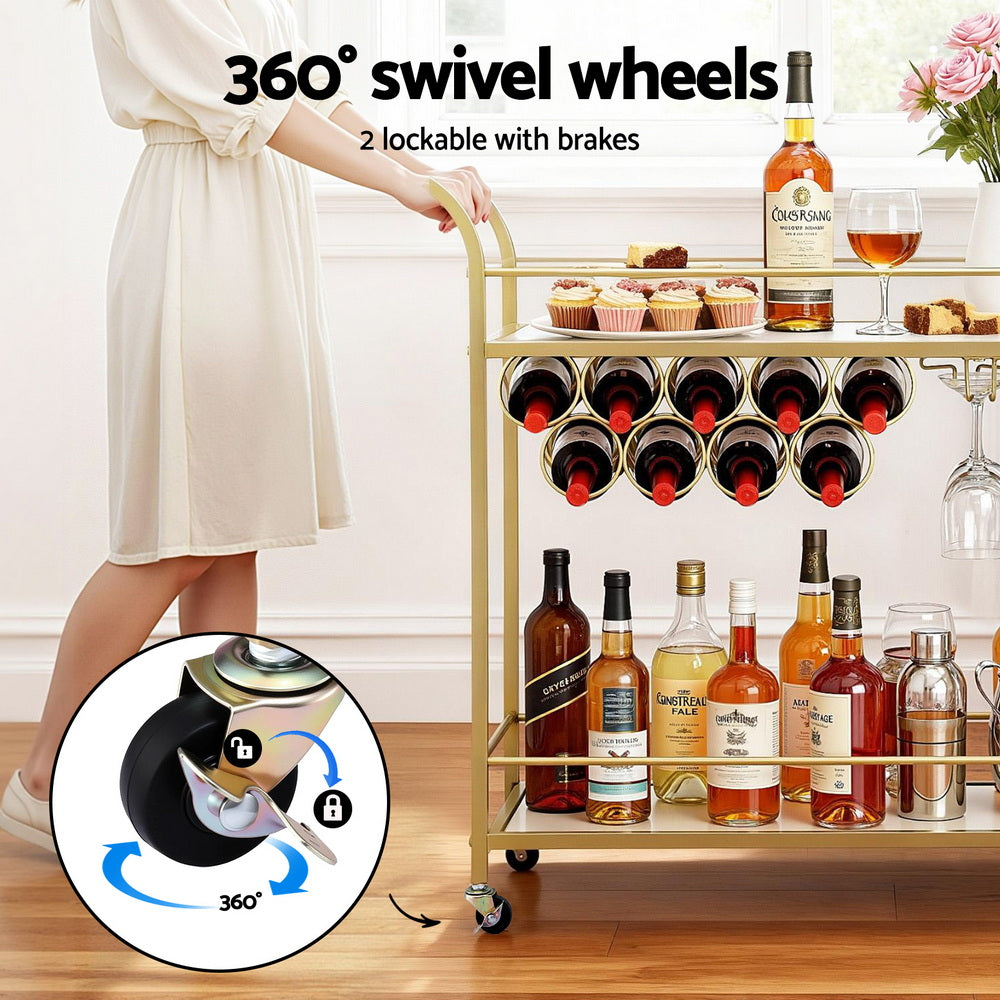 Kitchen & Dining Trolleys: Artiss Bar Cart Drinks Trolley Serving Wine Rack Glass Holder Marble 85cm Gold