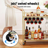 Kitchen & Dining Trolleys: Artiss Bar Cart Drinks Trolley Serving Wine Rack Glass Holder Marble 85cm Gold