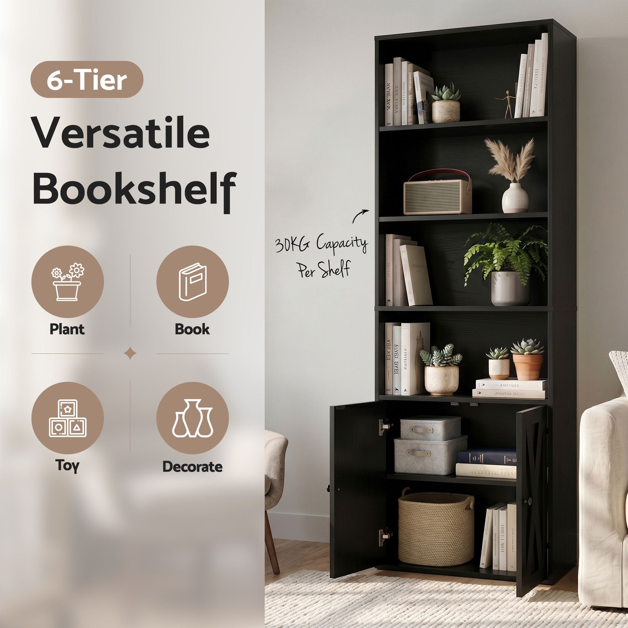 Artiss 6-Tier Bookshelf Display Cabinet Storage Black