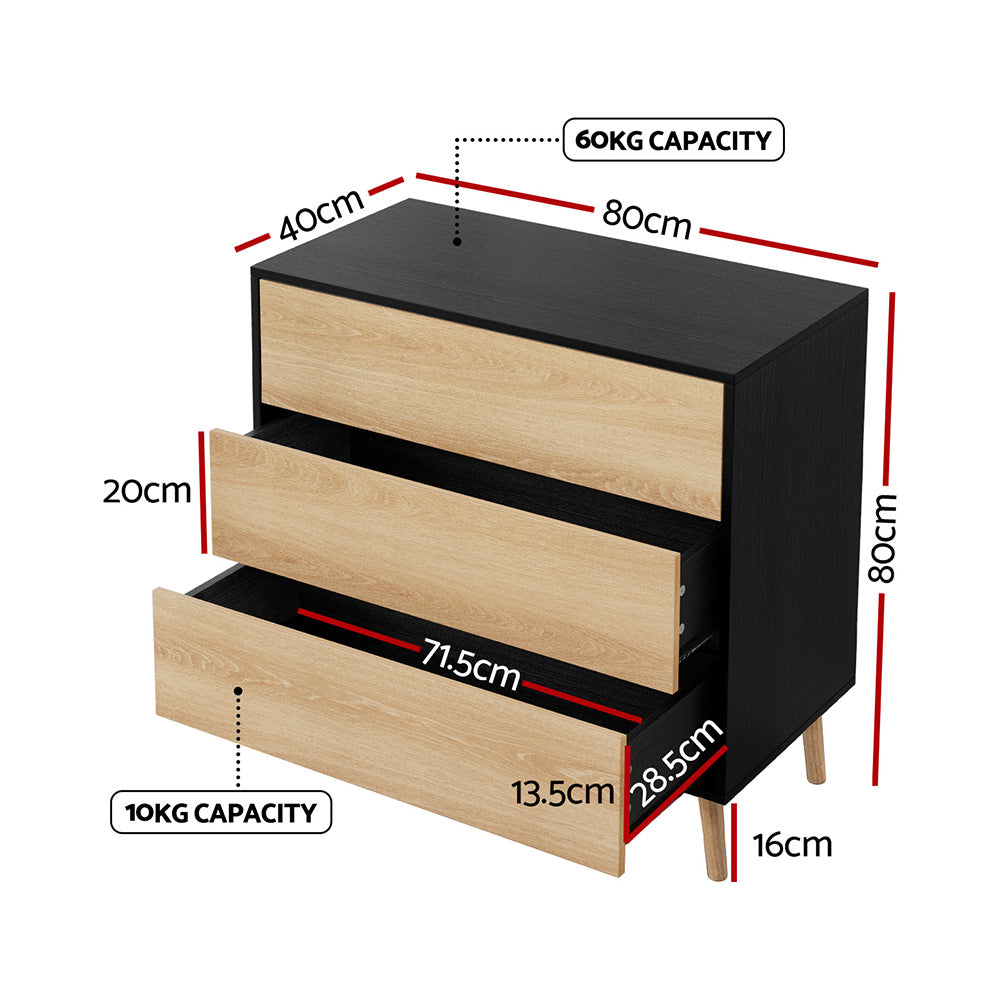 Dressers: Artiss 3 Chest of Drawers Dresser Table Black&Pine