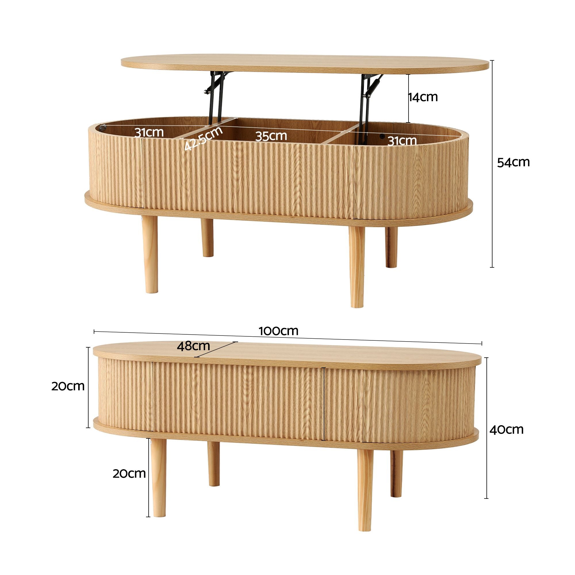 Artiss Lift Top Coffee Table Fluted Centre Table with Hidden Storage Oval 100cm