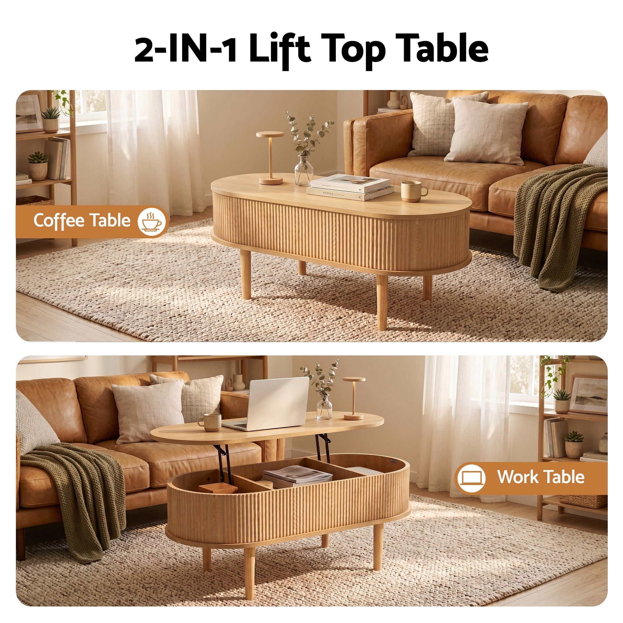 Artiss Lift Top Coffee Table Fluted Centre Table with Hidden Storage Oval 100cm