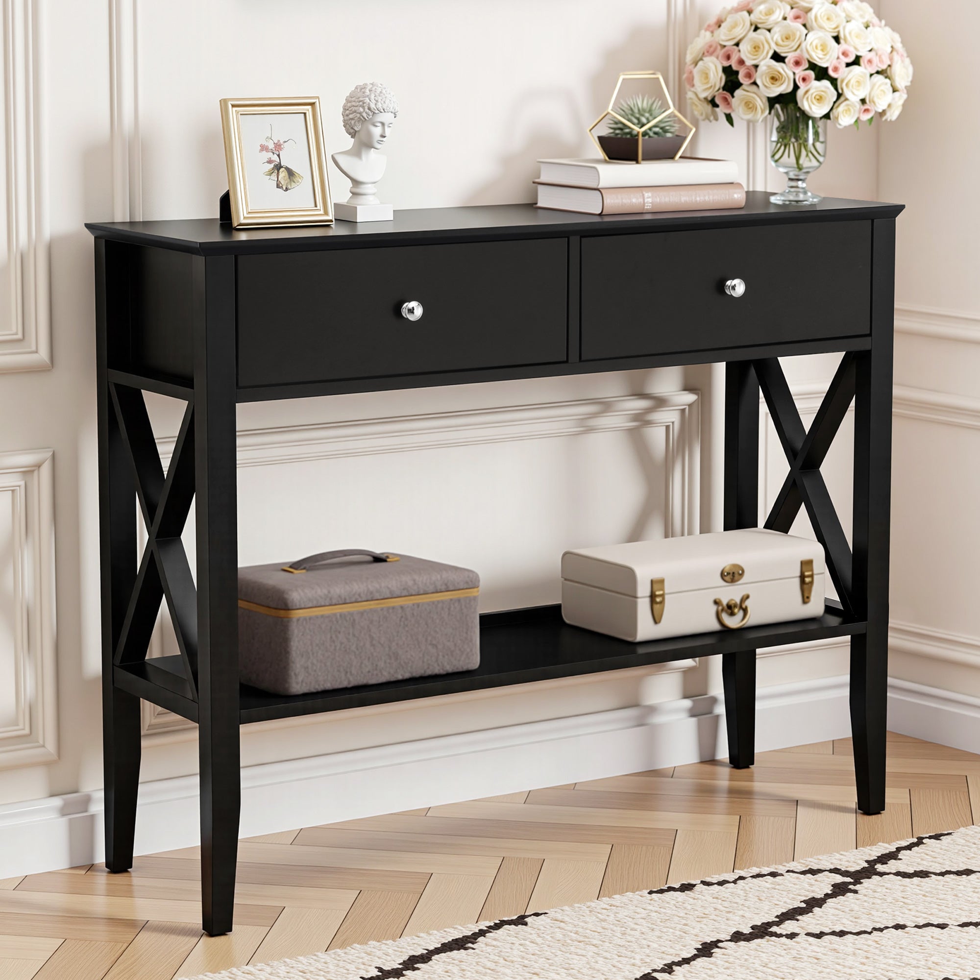 Side Tables: Artiss Console Table 2 Drawers 100CM Black