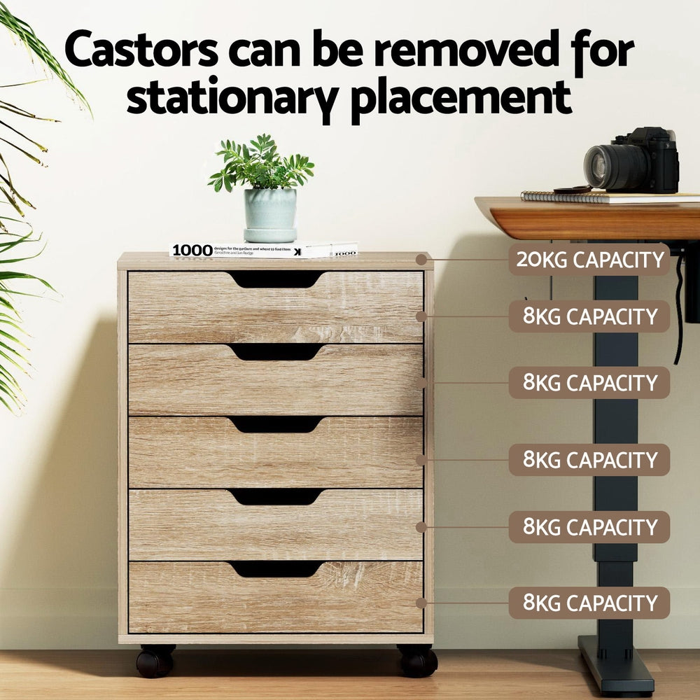 Storage Cabinets: Artiss 5-Drawer Filing Cabinet Mobile Rolling Storage Cabinet Chest of Drawers Stand Scratch Beige