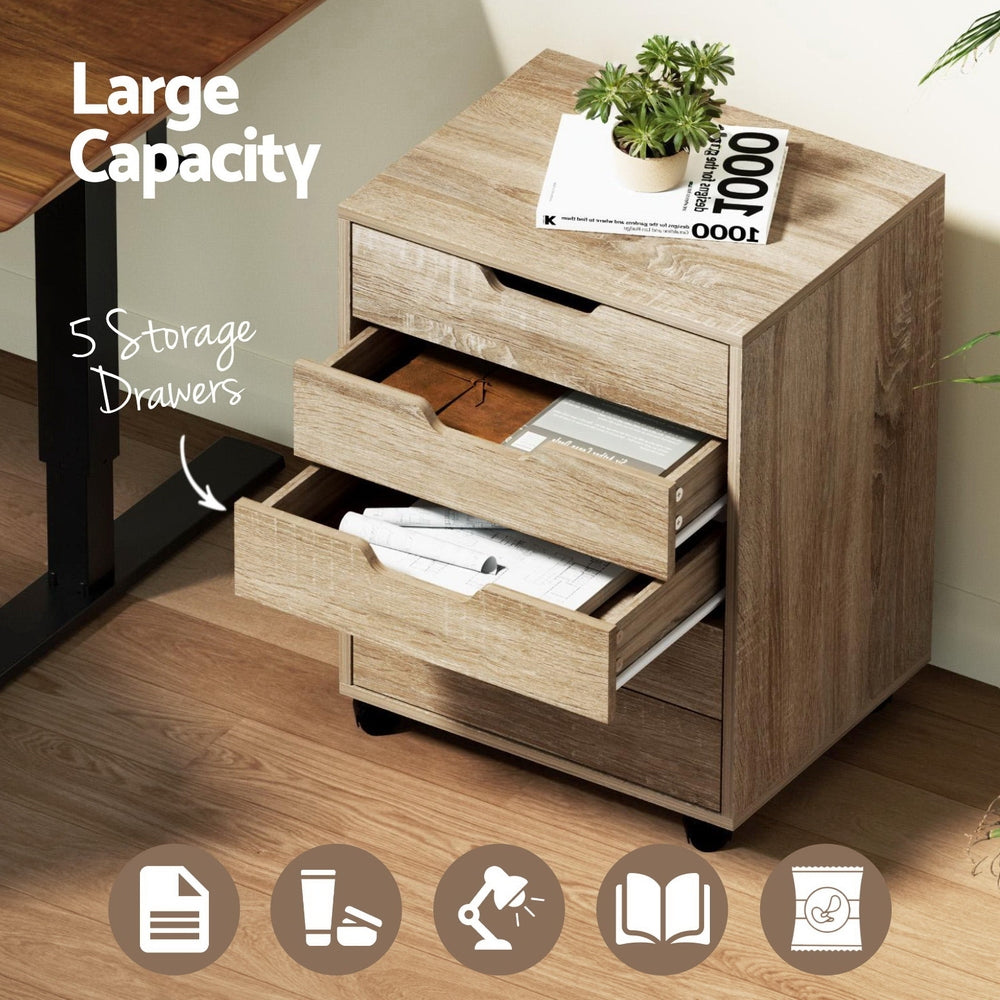Storage Cabinets: Artiss 5-Drawer Filing Cabinet Mobile Rolling Storage Cabinet Chest of Drawers Stand Scratch Beige