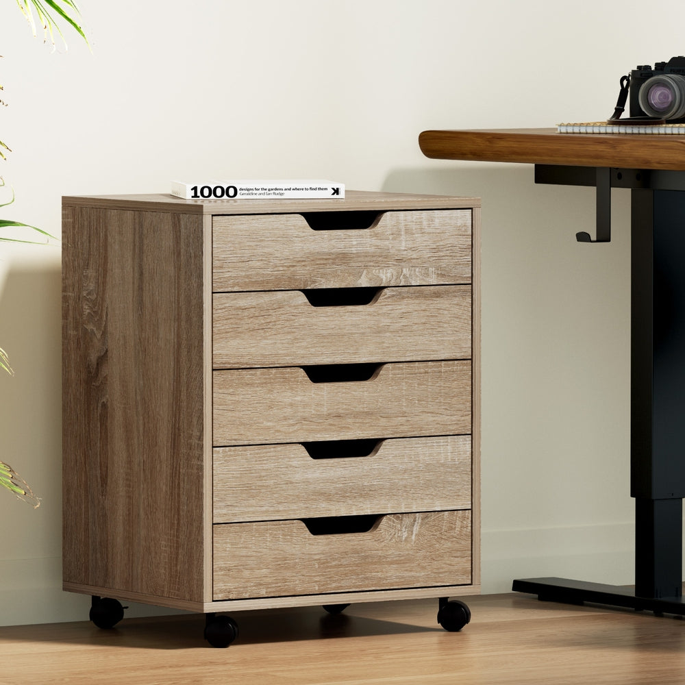 Storage Cabinets: Artiss 5-Drawer Filing Cabinet Mobile Rolling Storage Cabinet Chest of Drawers Stand Scratch Beige