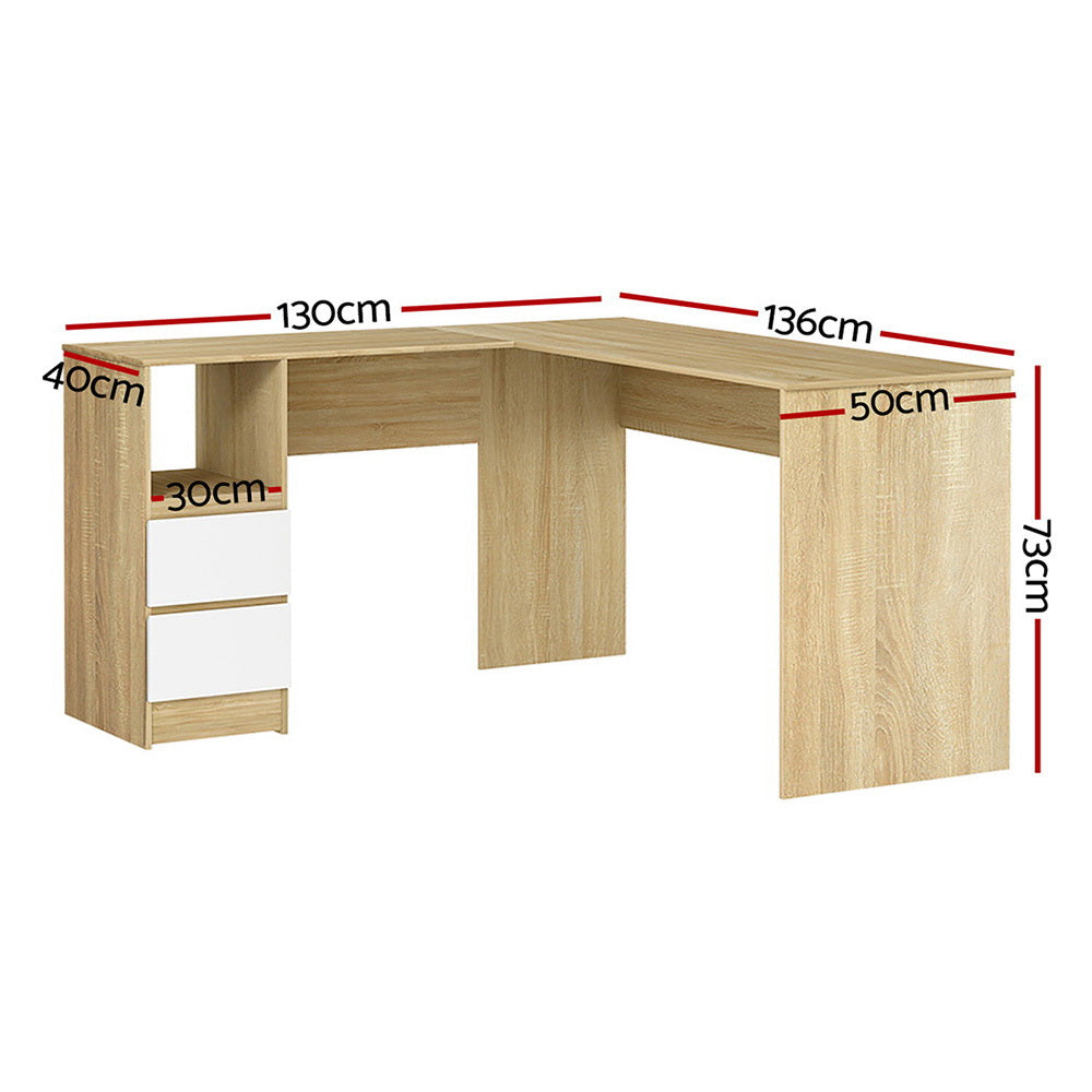 Desks: Artiss Computer Desk Drawer Cabinet L-Shape Oak 136CM
