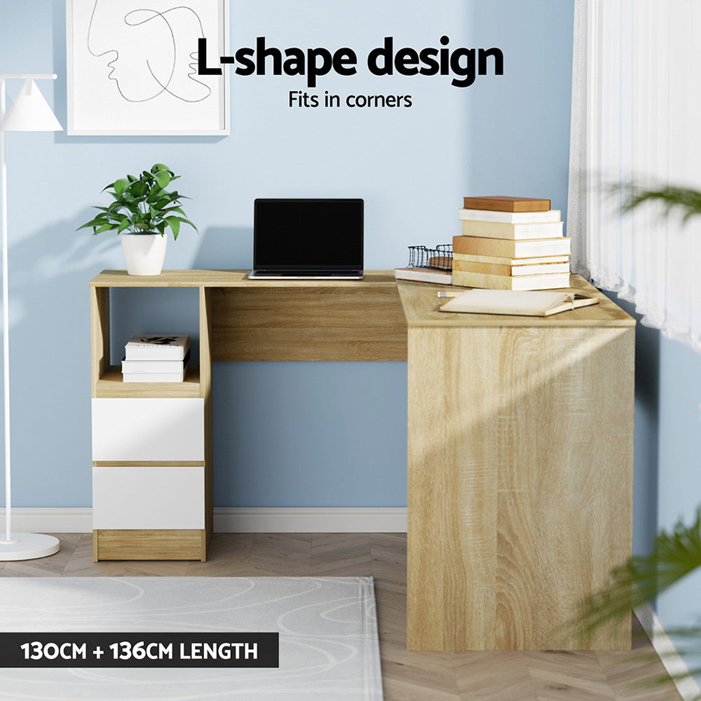 Desks: Artiss Computer Desk Drawer Cabinet L-Shape Oak 136CM