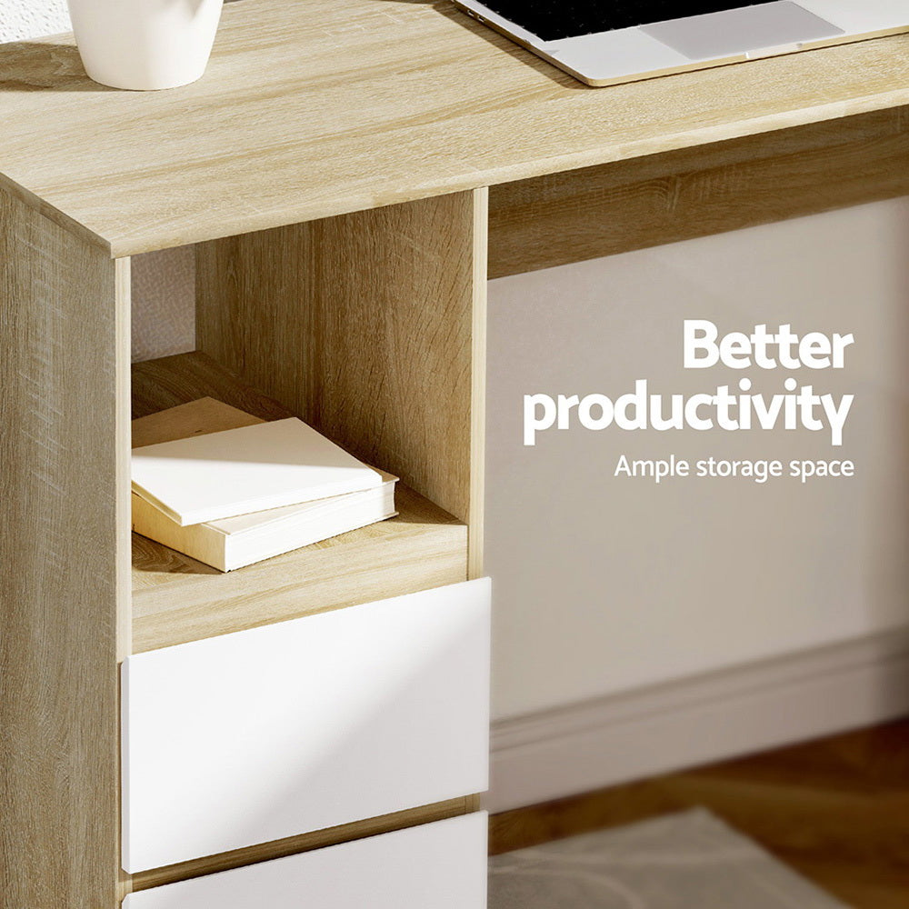 Desks: Artiss Computer Desk Drawer Cabinet L-Shape Oak 136CM