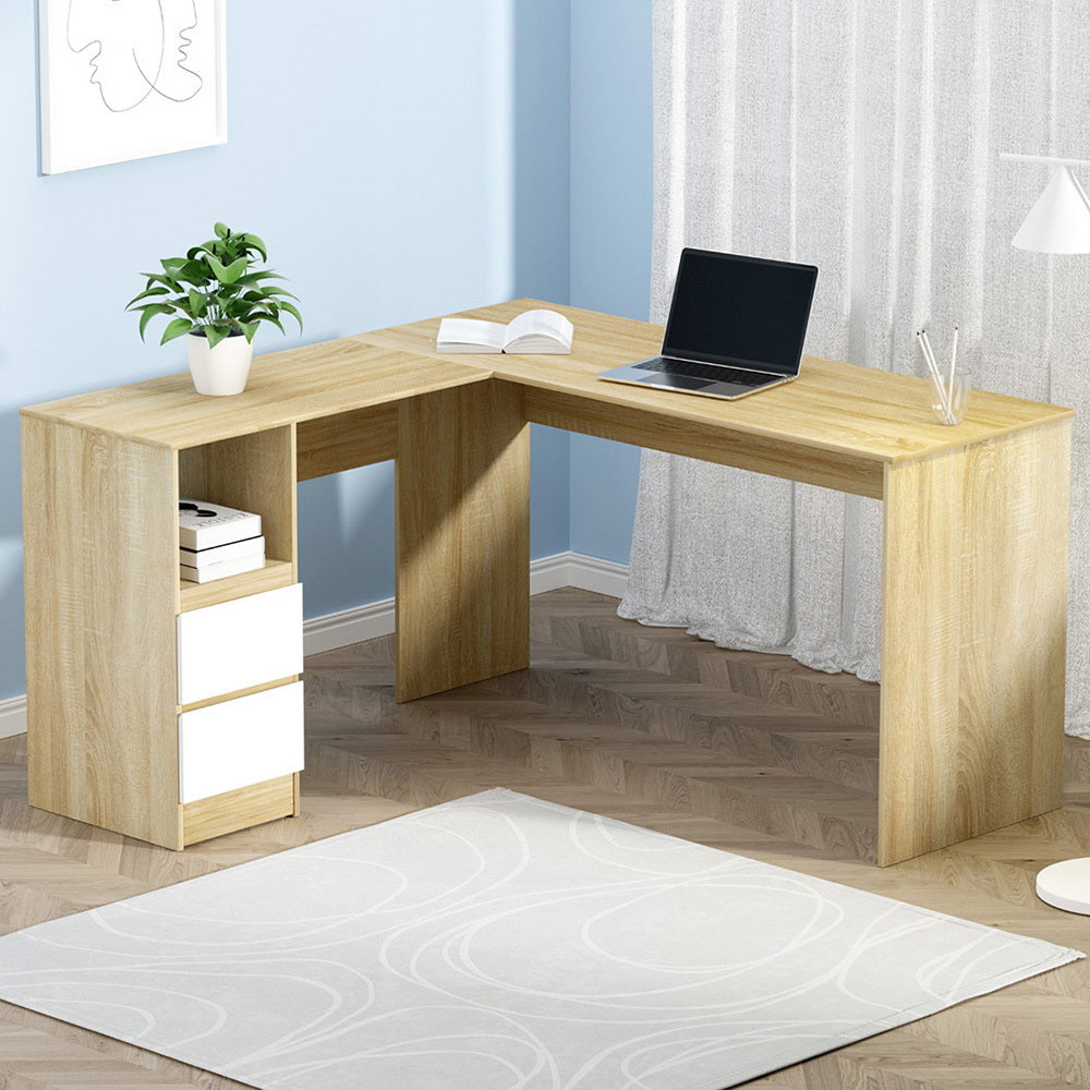 Desks: Artiss Computer Desk Drawer Cabinet L-Shape Oak 136CM