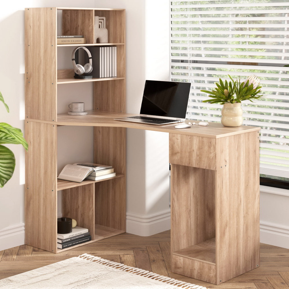 Desks: Artiss Computer Desk Bookshelf Drawer Cabinet Oak 120CM