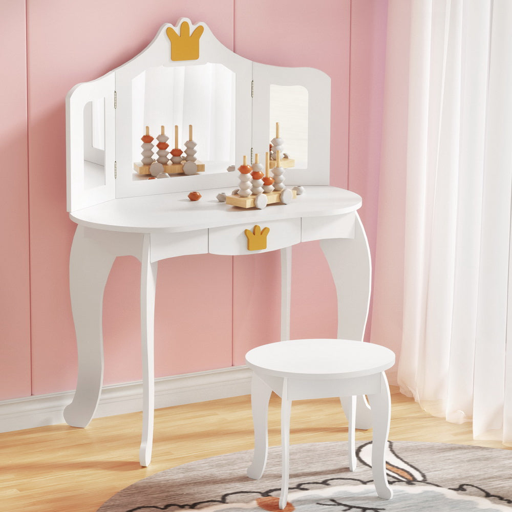 Kid's Dressers, Cupboards & Wardrobes: Keezi Kids Dressing Table Vanity Makeup Chair Set Wooden 3 Mirror Drawer White