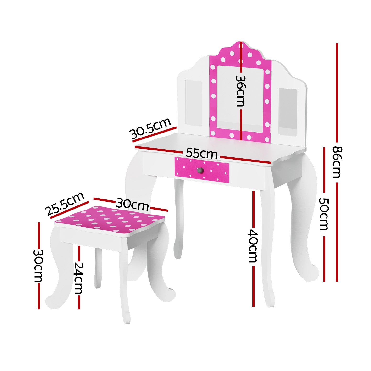Kid's Dressers, Cupboards & Wardrobes: Keezi Kids Dressing Table Vanity Makeup Chair Set Wooden 3 Mirror Drawer Pink