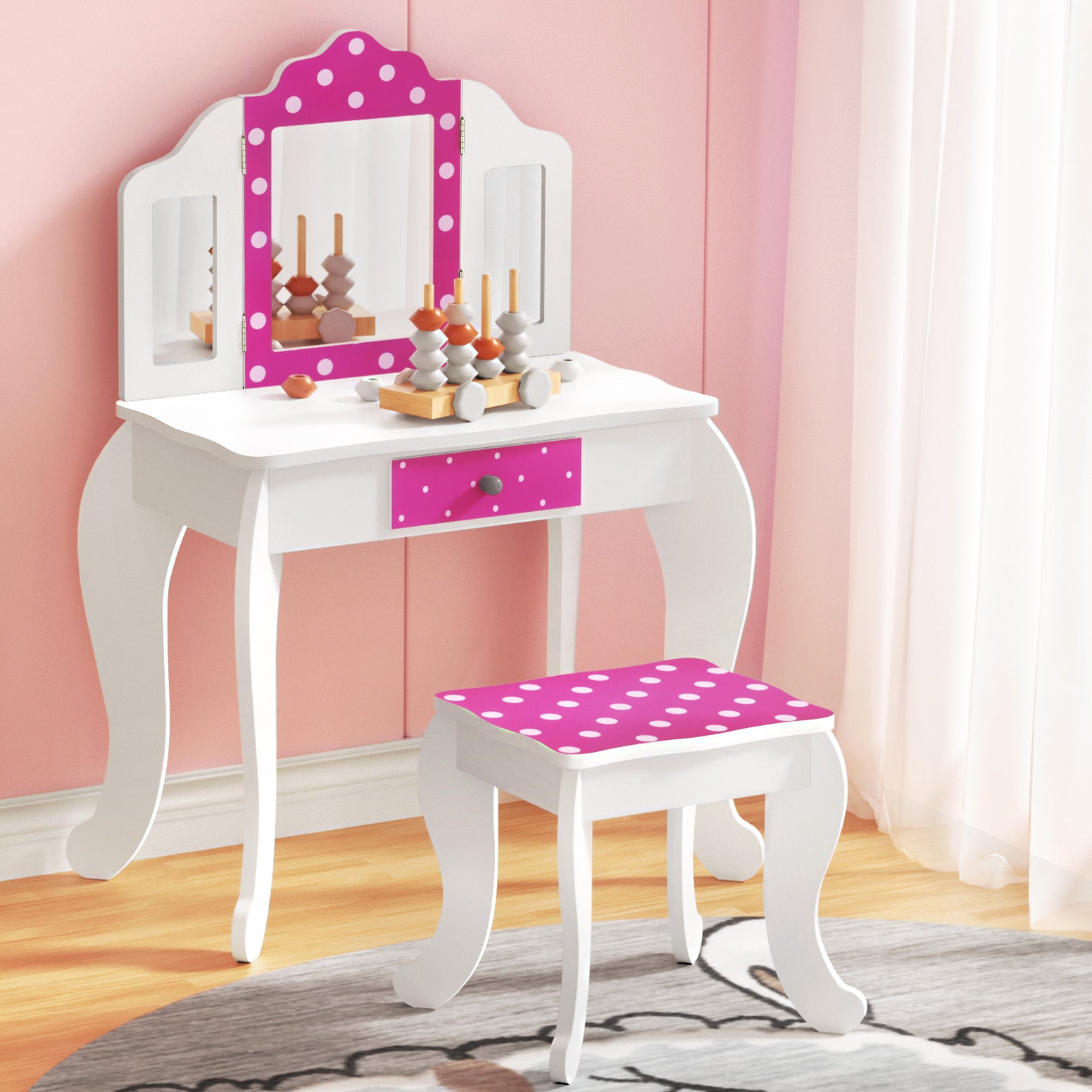 Kid's Dressers, Cupboards & Wardrobes: Keezi Kids Dressing Table Vanity Makeup Chair Set Wooden 3 Mirror Drawer Pink