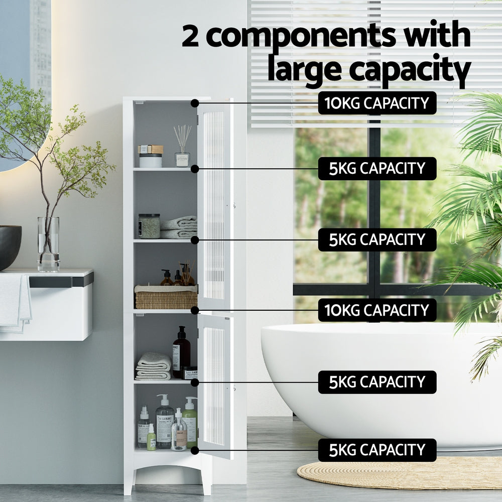 Bathroom Cabinets, Cupboards & Storage: Artiss Bathroom Storage Cabinet 160cm Tall Slim Floor Cupboard Toilet Glass Door White