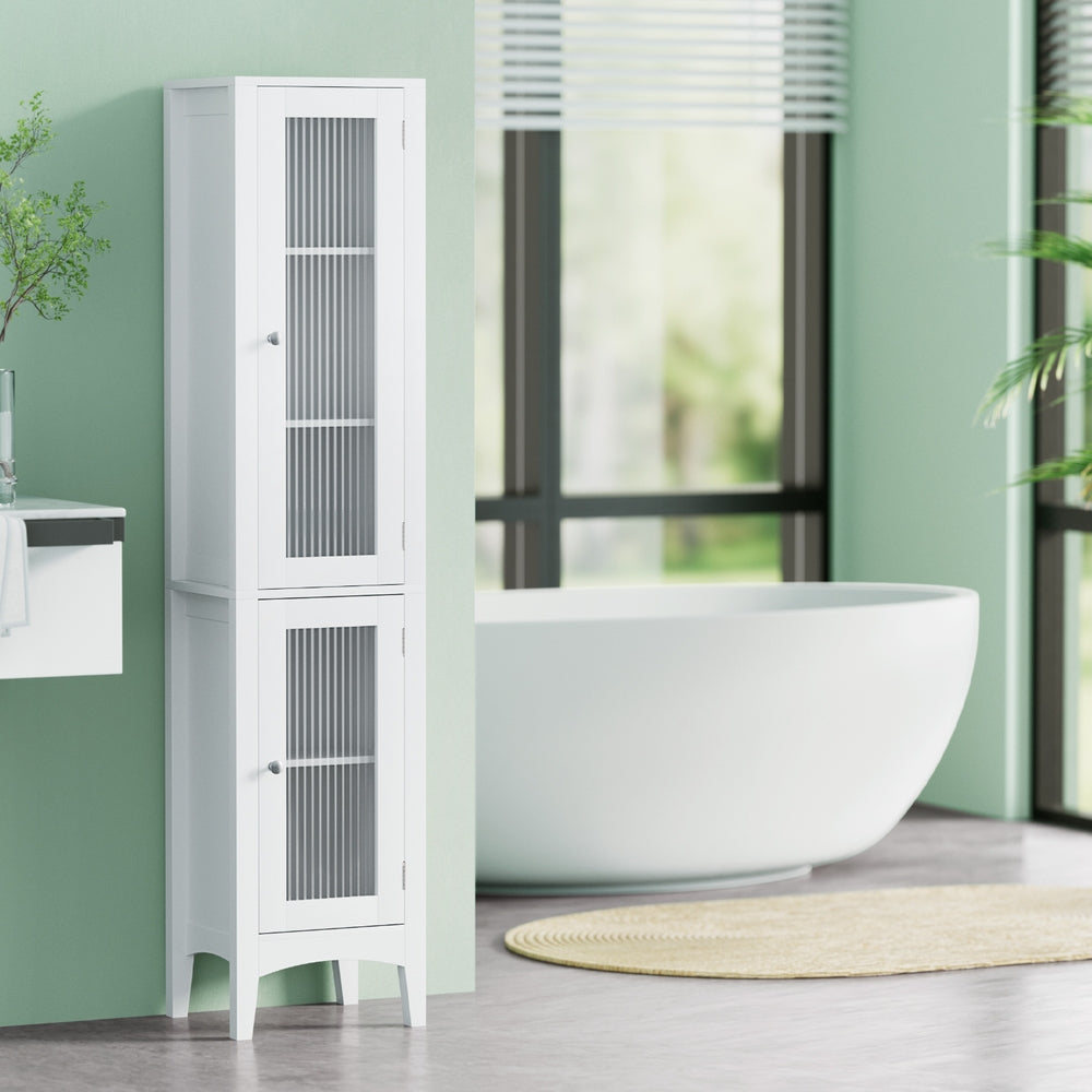 Bathroom Cabinets, Cupboards & Storage: Artiss Bathroom Storage Cabinet 160cm Tall Slim Floor Cupboard Toilet Glass Door White