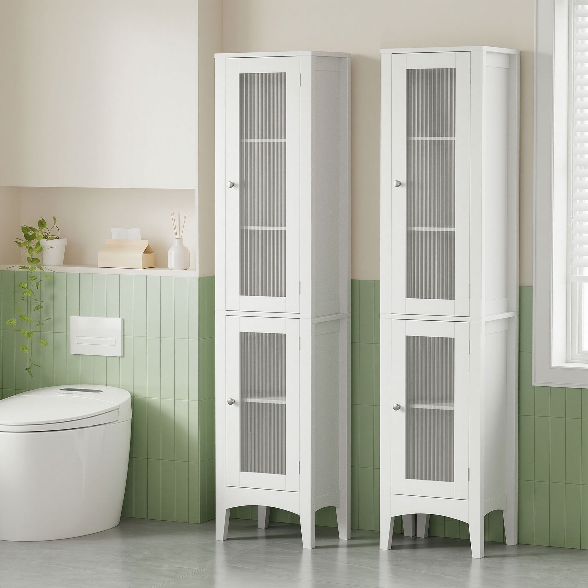 Artiss 2X Bathroom Storage Cabinet 160cm Tall Slim Floor Cupboard Toilet Glass Door White