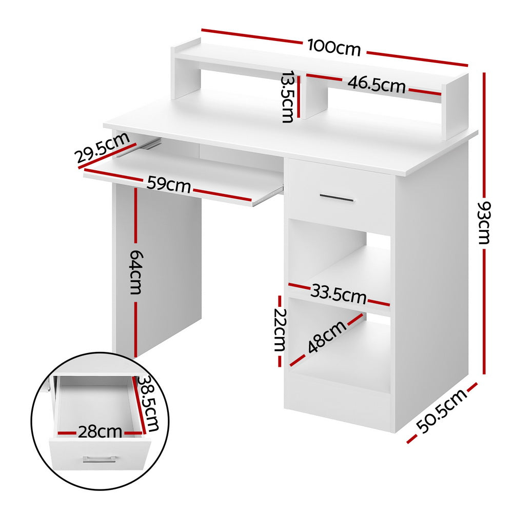 Desks: Artiss Computer Desk Shelf Drawer Cabinet White 100CM