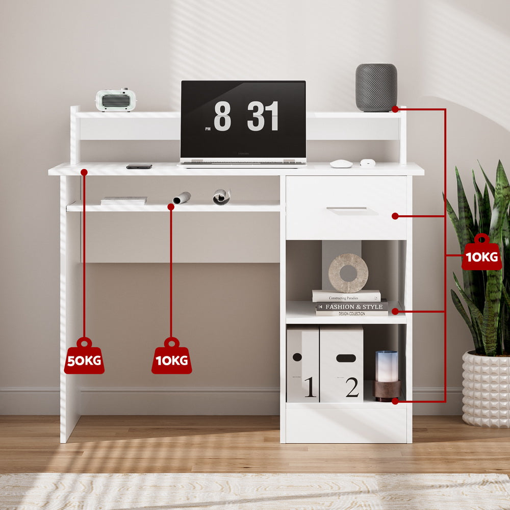 Desks: Artiss Computer Desk Shelf Drawer Cabinet White 100CM