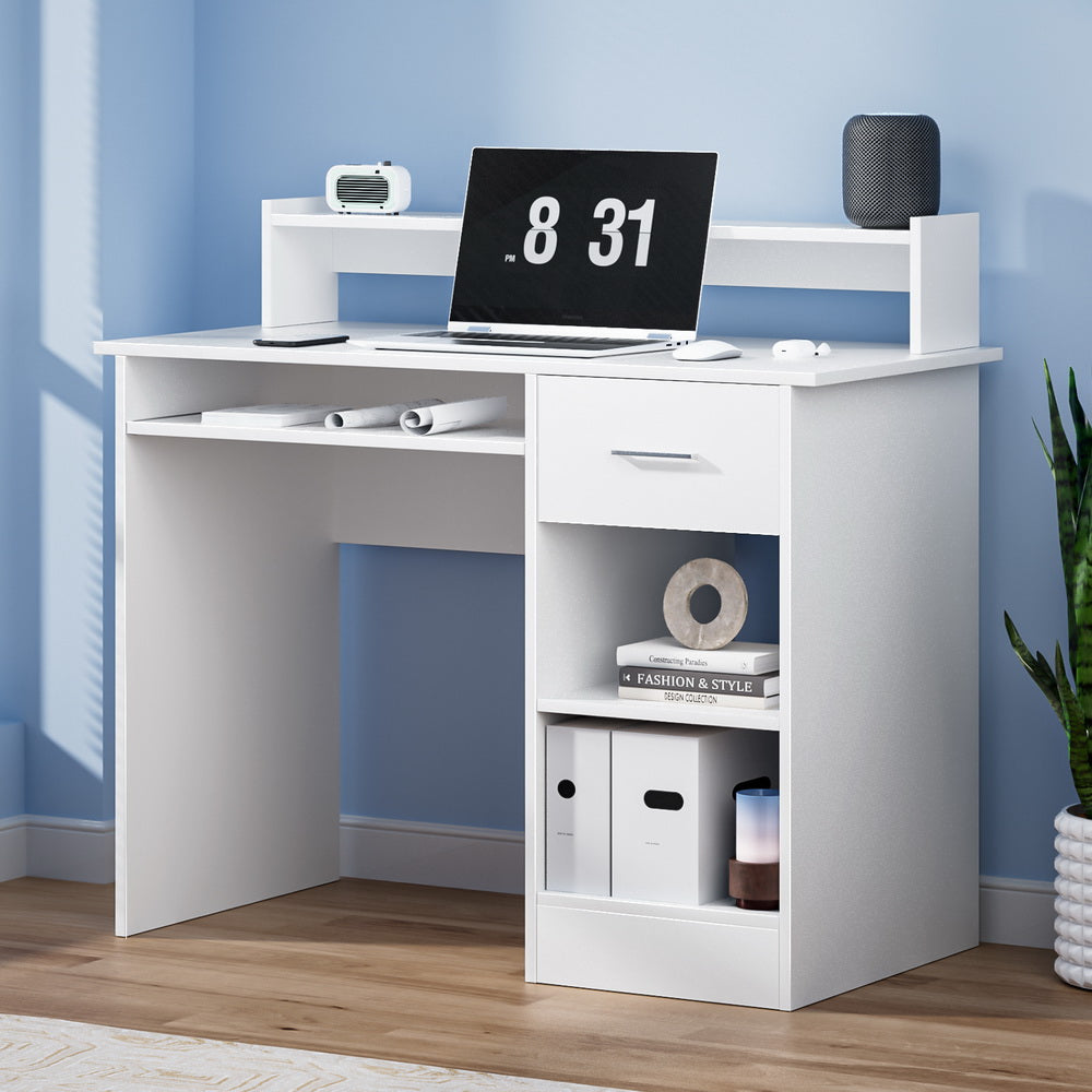 Desks: Artiss Computer Desk Shelf Drawer Cabinet White 100CM