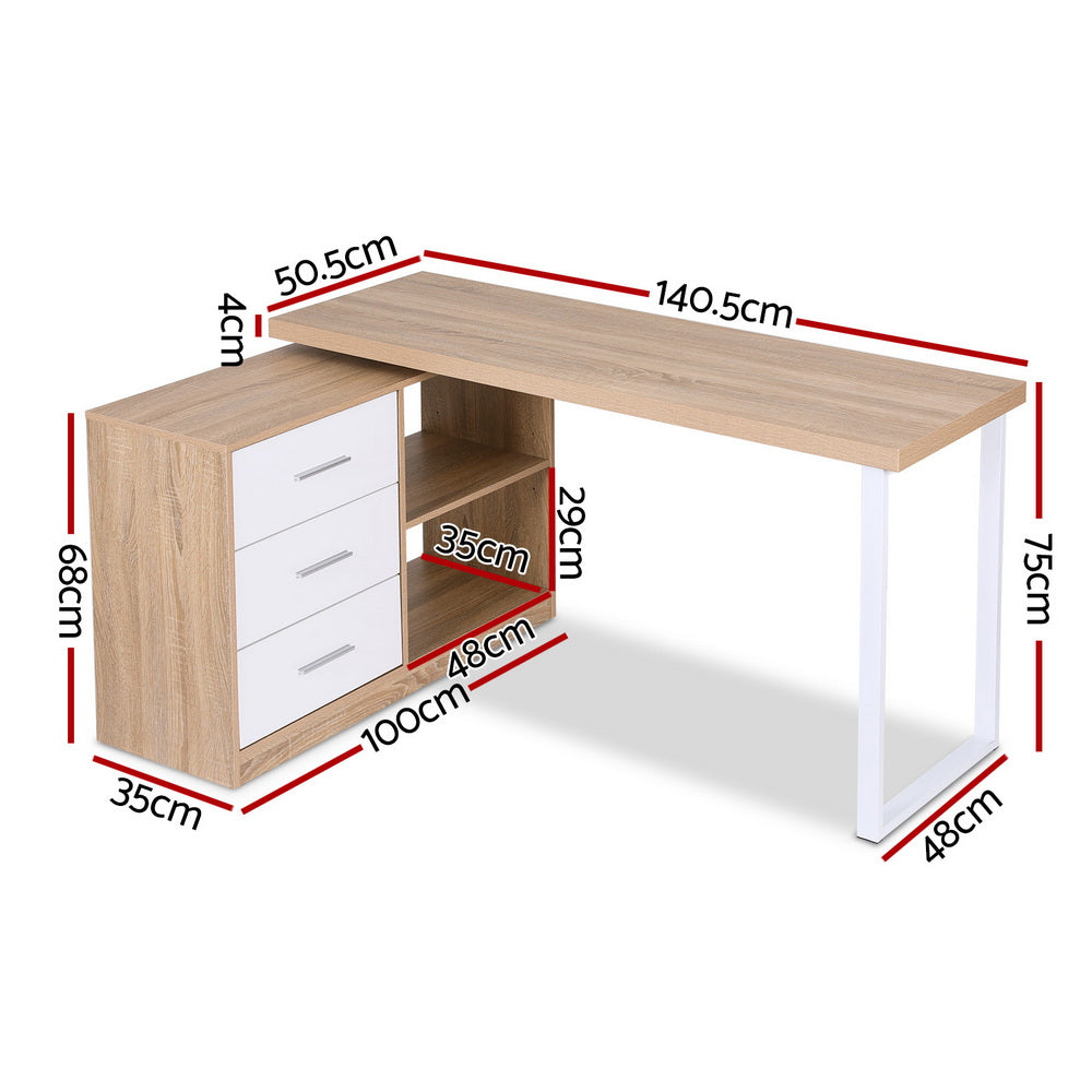 Desks: Artiss Computer Desk Swivelling L shape Home Office Storage Cabinet Oak