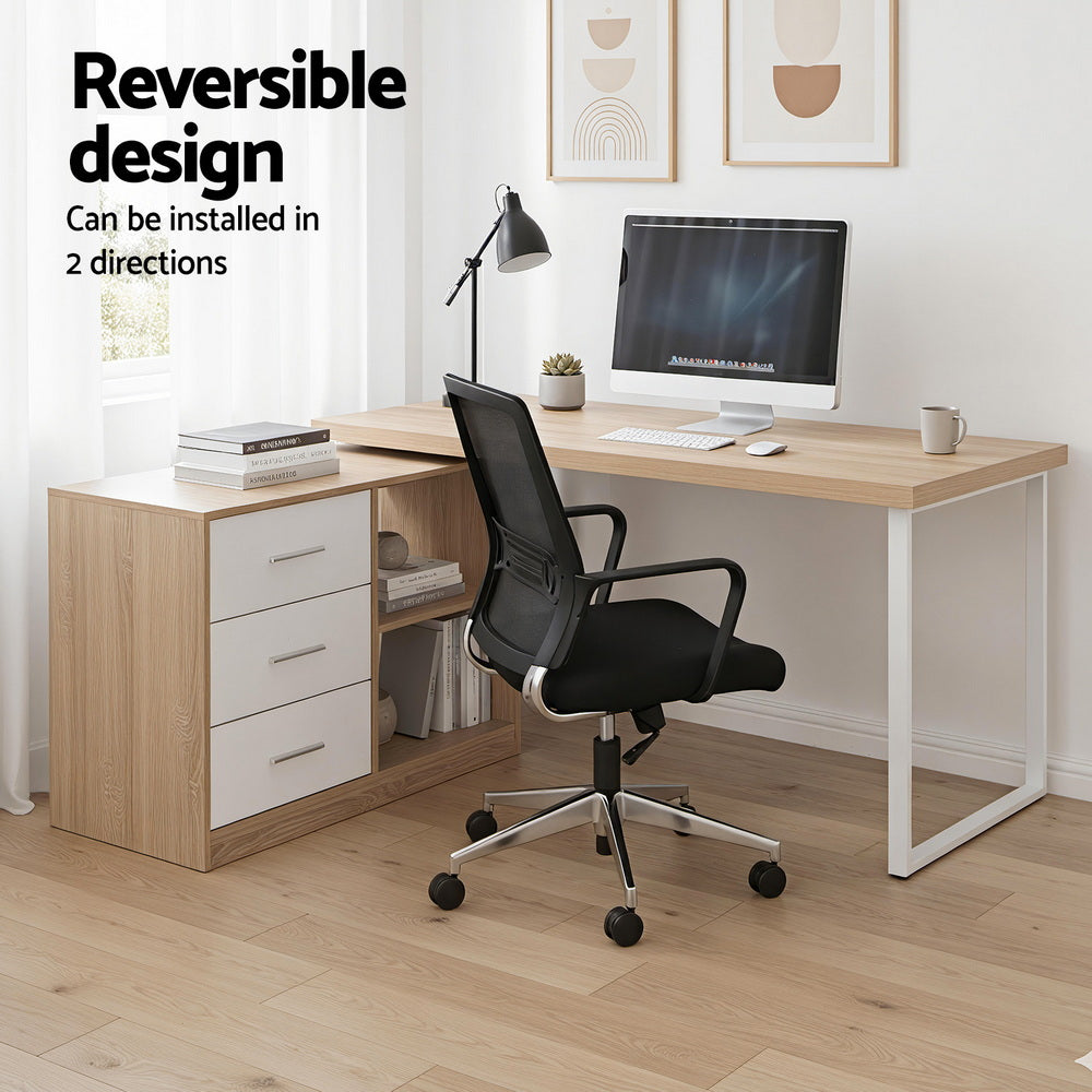 Desks: Artiss Computer Desk Swivelling L shape Home Office Storage Cabinet Oak