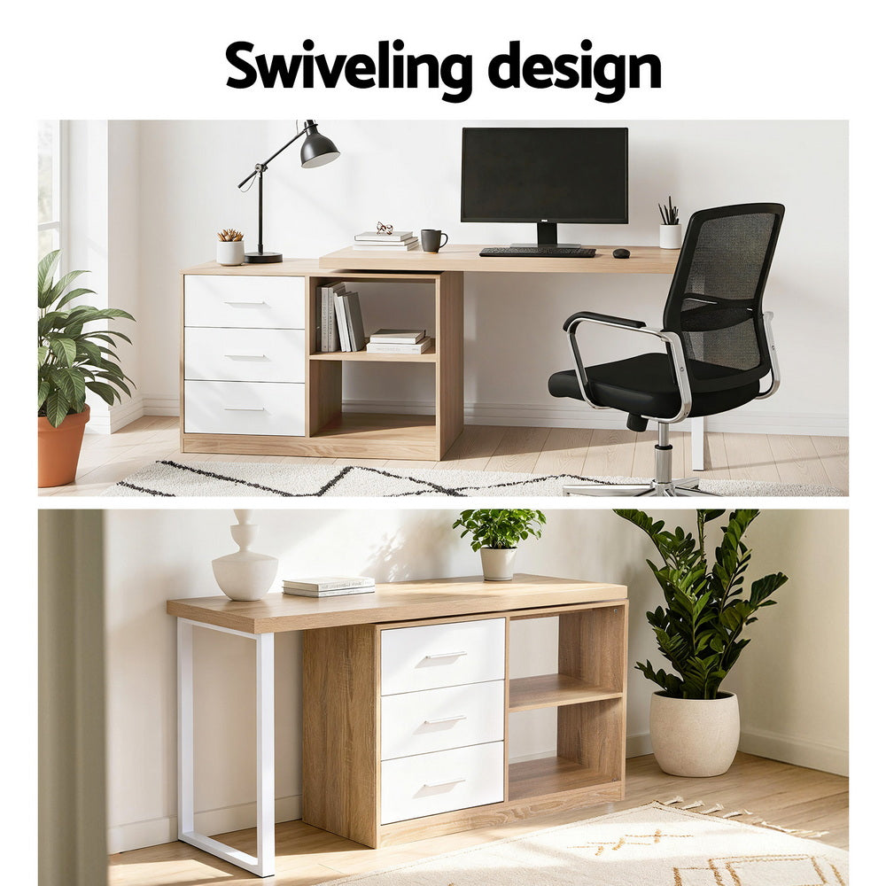 Desks: Artiss Computer Desk Swivelling L shape Home Office Storage Cabinet Oak