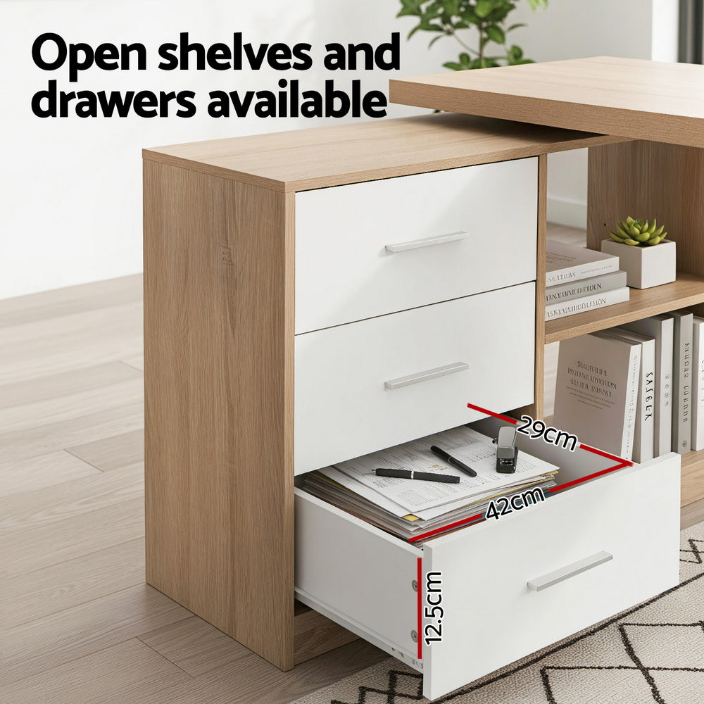 Desks: Artiss Computer Desk Swivelling L shape Home Office Storage Cabinet Oak