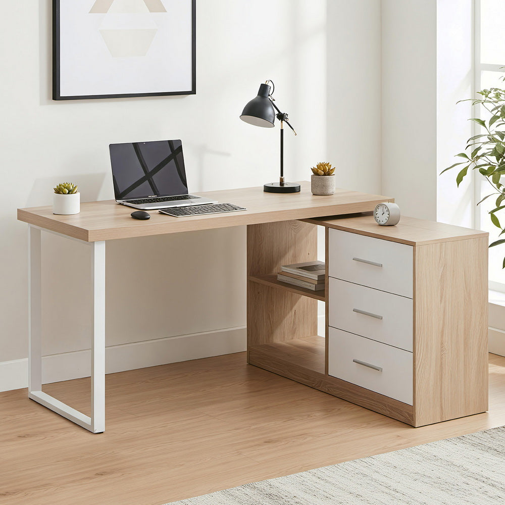 Desks: Artiss Computer Desk Swivelling L shape Home Office Storage Cabinet Oak