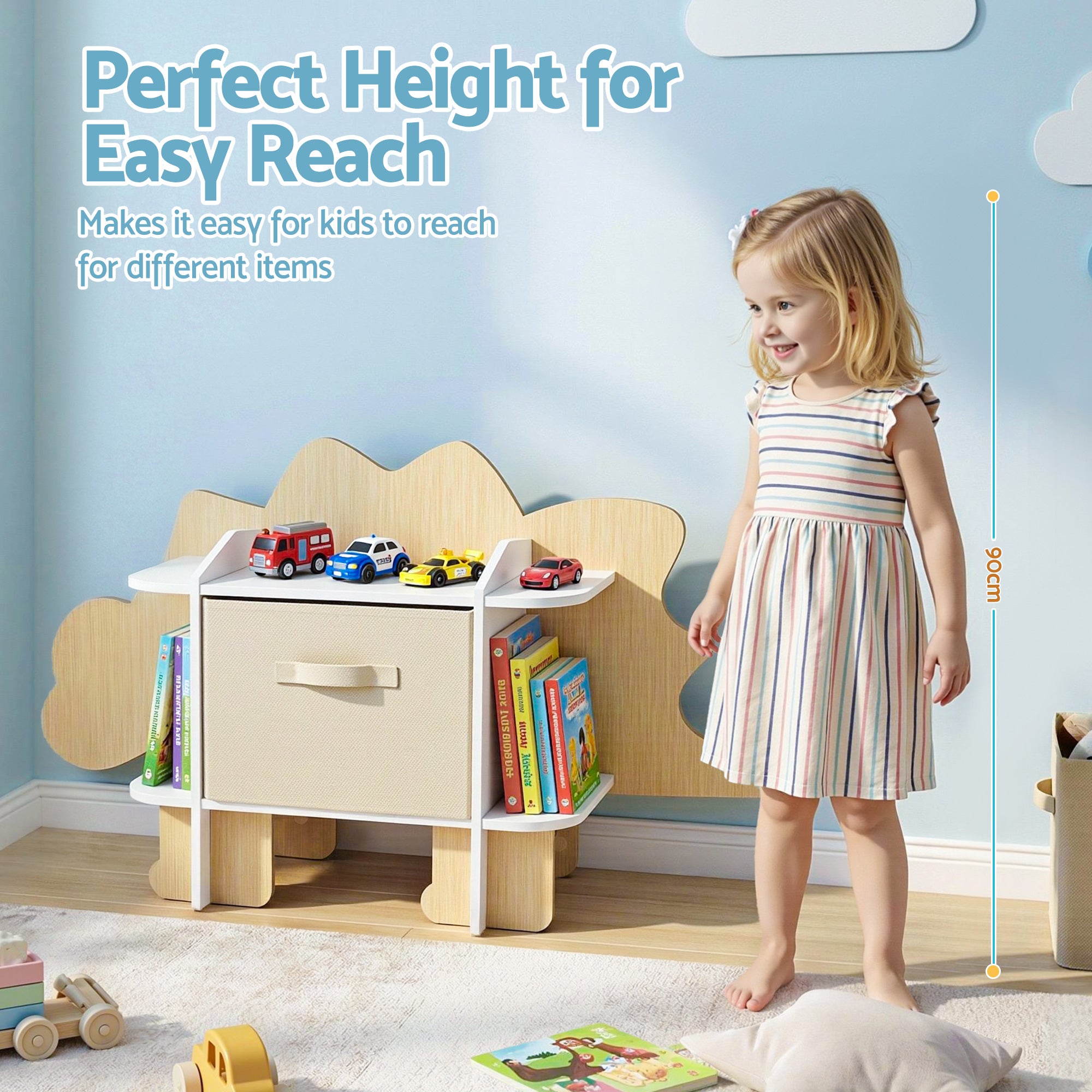 Kid's Bookcases & Shelves: Keezi Dinosaur Kids Bookshelf 2-Tier Children's Bookcase Wooden with with Fabric Drawer, Toddler Bookshelf Toy Storage Organizer for Preschool, Kids Room, Playroom, Nursery