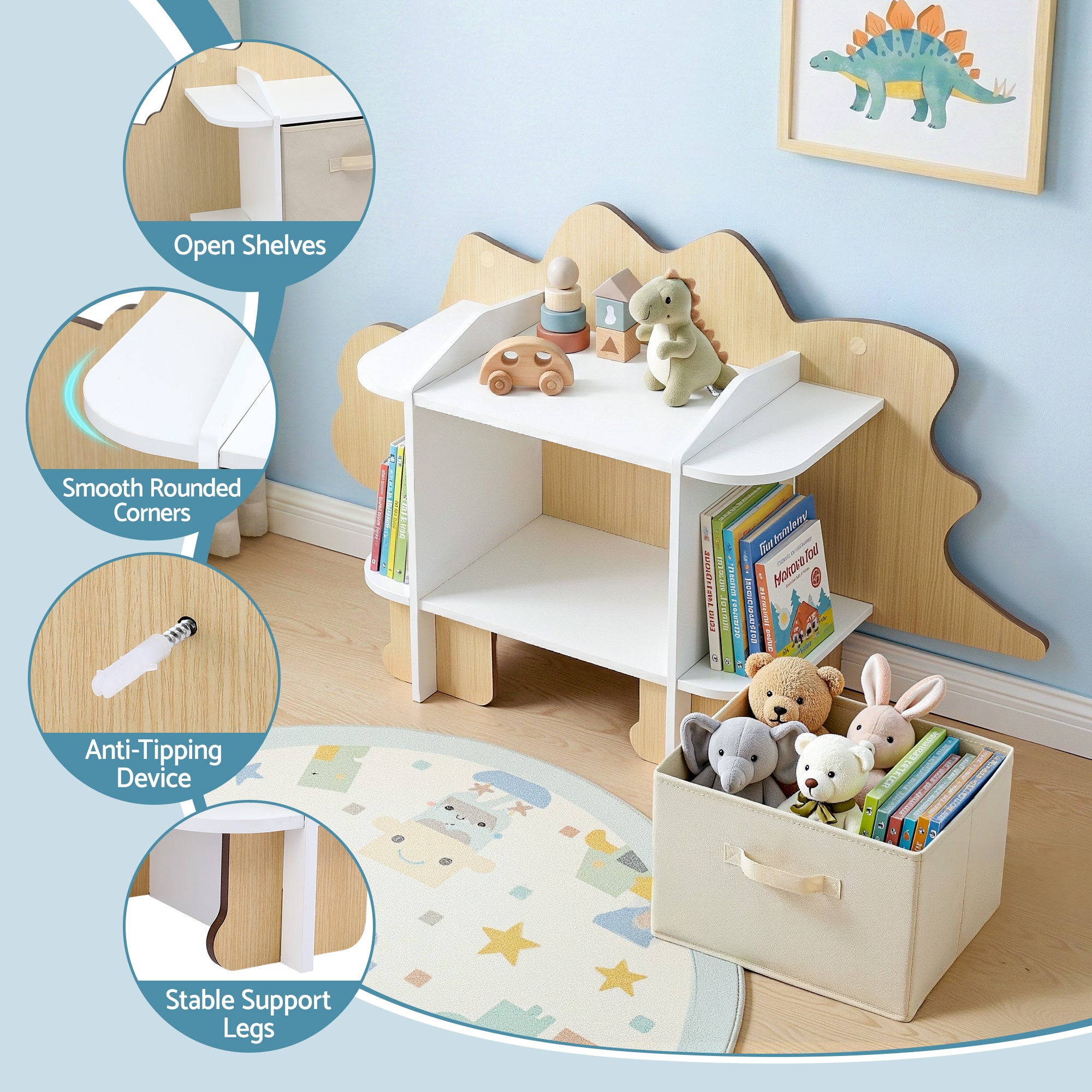 Kid's Bookcases & Shelves: Keezi Dinosaur Kids Bookshelf 2-Tier Children's Bookcase Wooden with with Fabric Drawer, Toddler Bookshelf Toy Storage Organizer for Preschool, Kids Room, Playroom, Nursery