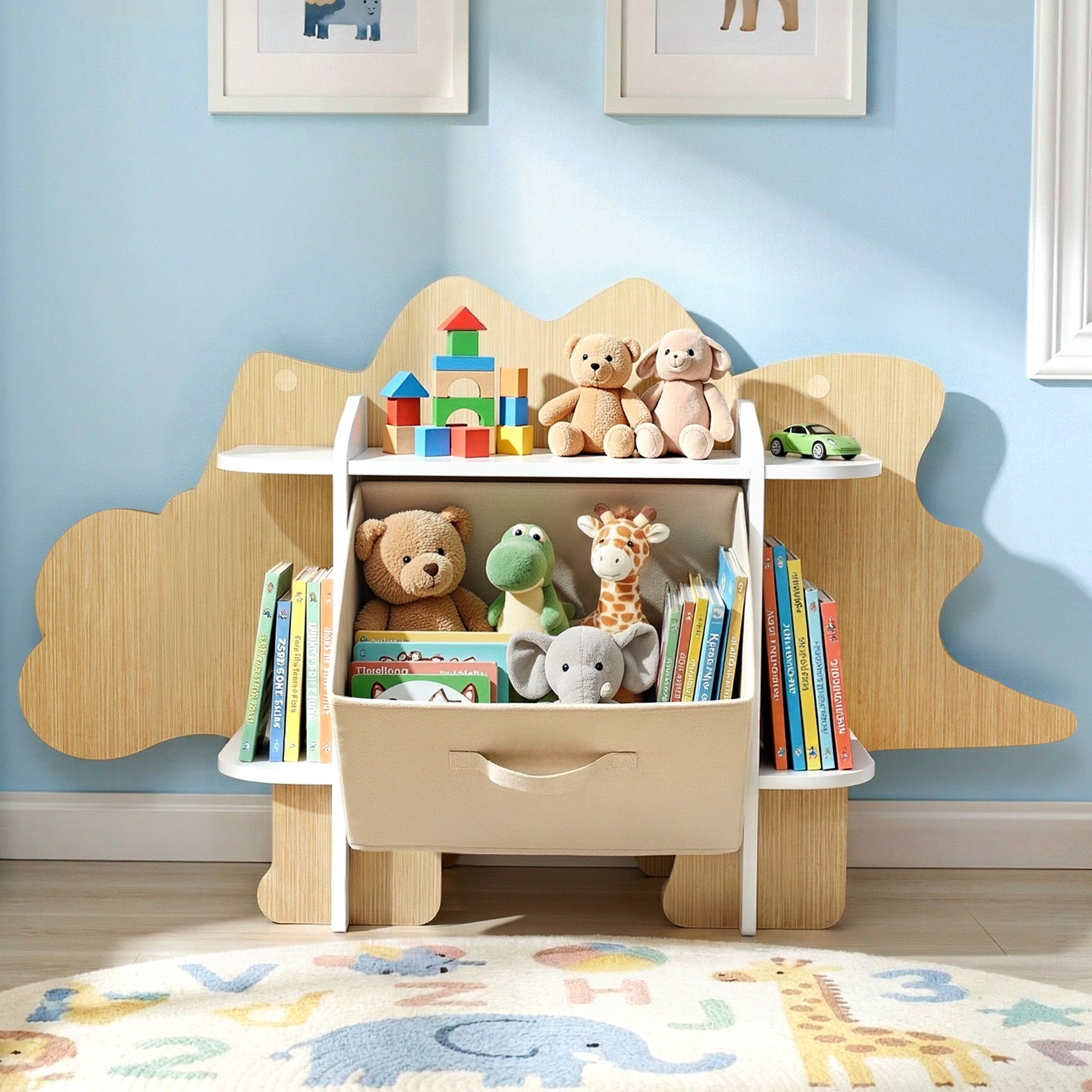 Kid's Bookcases & Shelves: Keezi Dinosaur Kids Bookshelf 2-Tier Children's Bookcase Wooden with with Fabric Drawer, Toddler Bookshelf Toy Storage Organizer for Preschool, Kids Room, Playroom, Nursery
