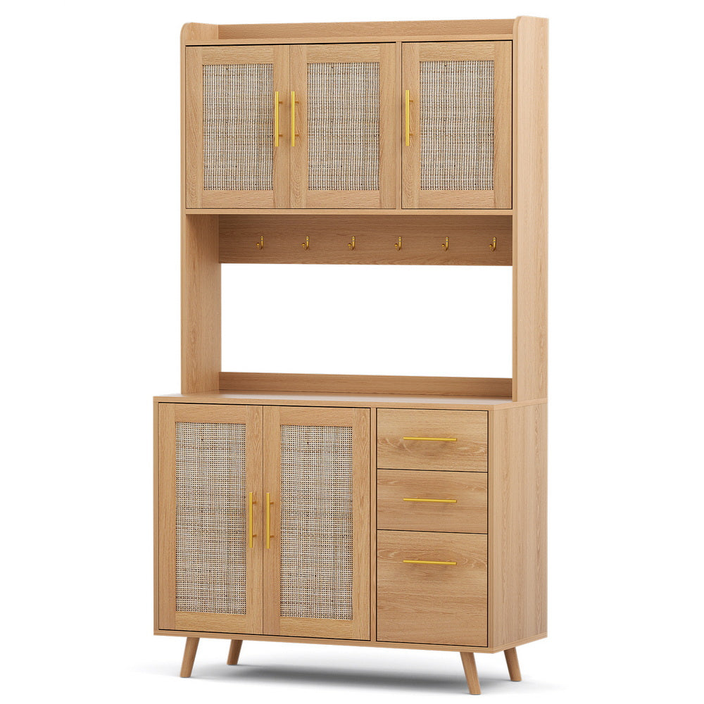 Buffets & Sideboards: Artiss Buffet Sideboard Hutch Storage Cabinet Kitchen Cupboard Hooks Rattan Pine