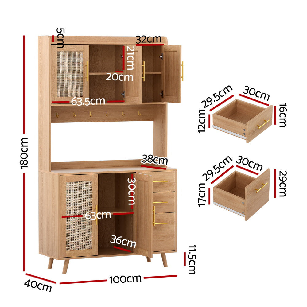 Buffets & Sideboards: Artiss Buffet Sideboard Hutch Storage Cabinet Kitchen Cupboard Hooks Rattan Pine