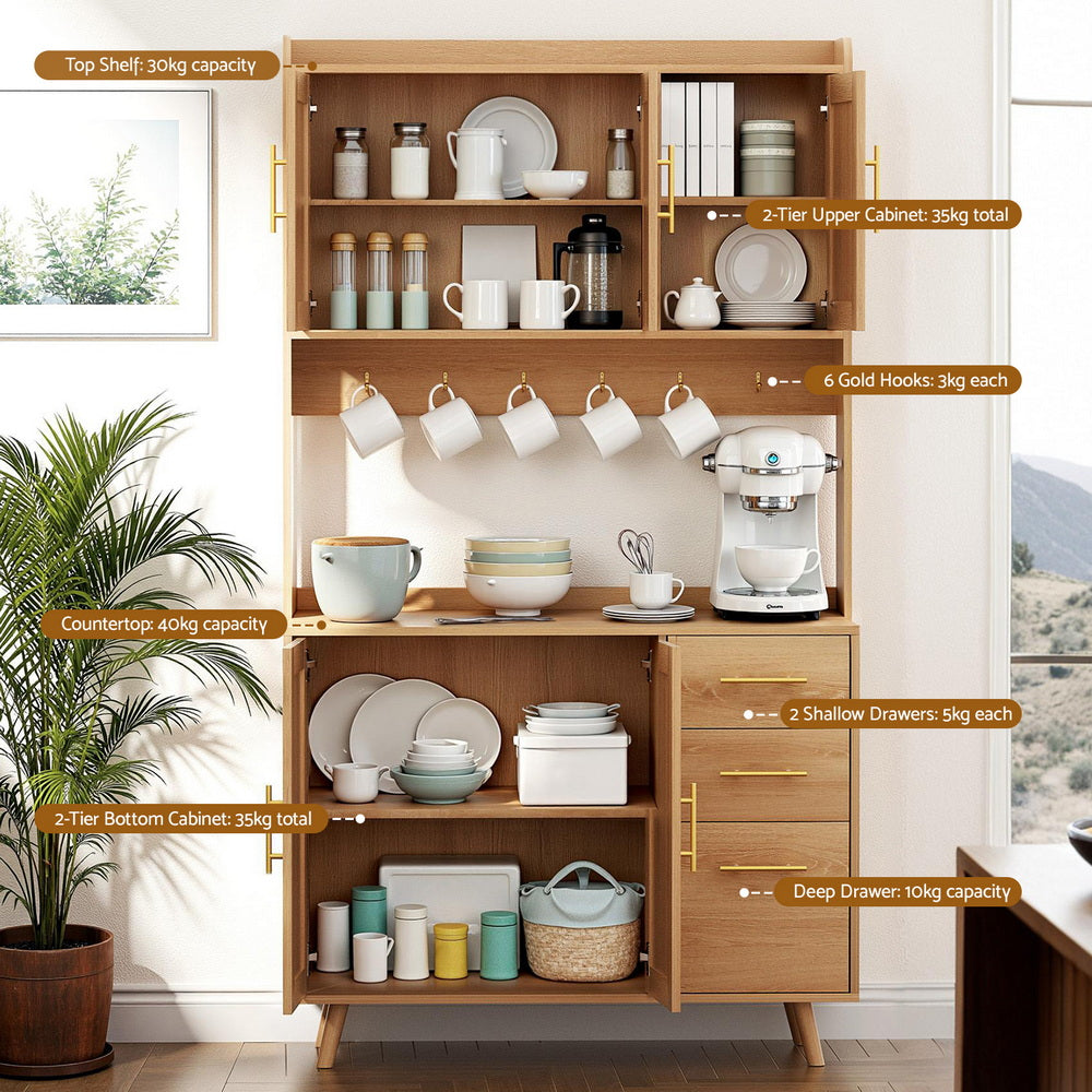 Buffets & Sideboards: Artiss Buffet Sideboard Hutch Storage Cabinet Kitchen Cupboard Hooks Rattan Pine