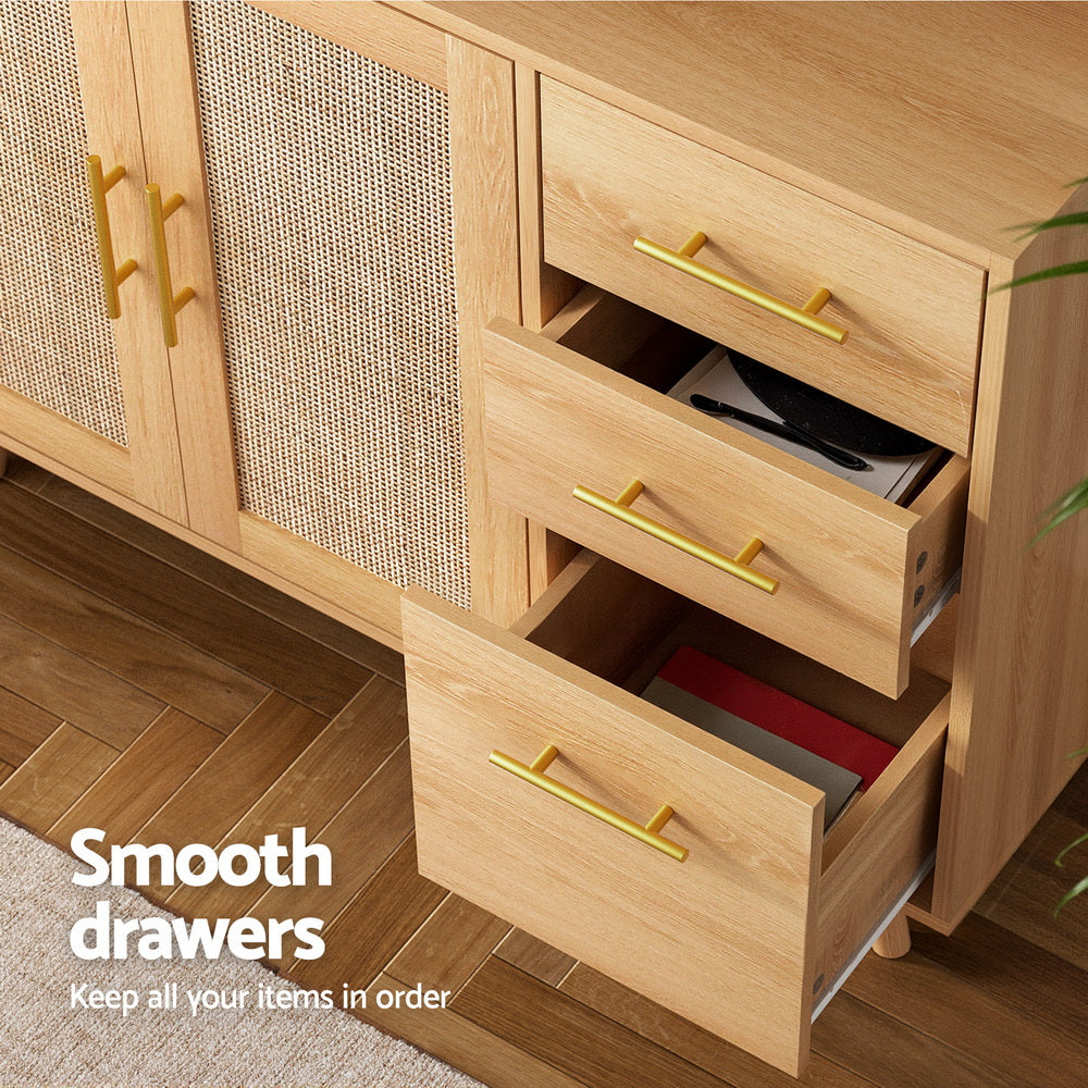 Buffets & Sideboards: Artiss Buffet Sideboard Hutch Storage Cabinet Kitchen Cupboard Hooks Rattan Pine