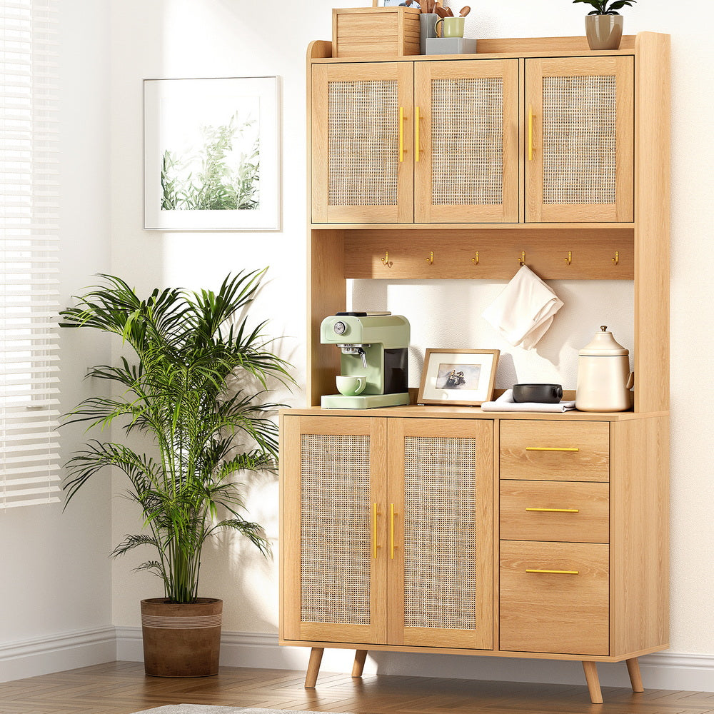 Buffets & Sideboards: Artiss Buffet Sideboard Hutch Storage Cabinet Kitchen Cupboard Hooks Rattan Pine