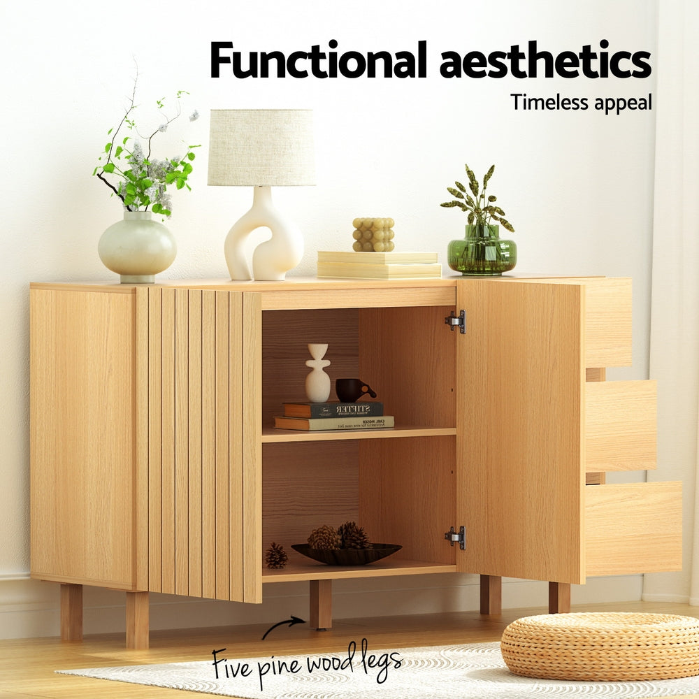 Buffets & Sideboards: 130cm Artiss Buffet Sideboard Cupboard Cabinet Pantry Storage Drawer Pine