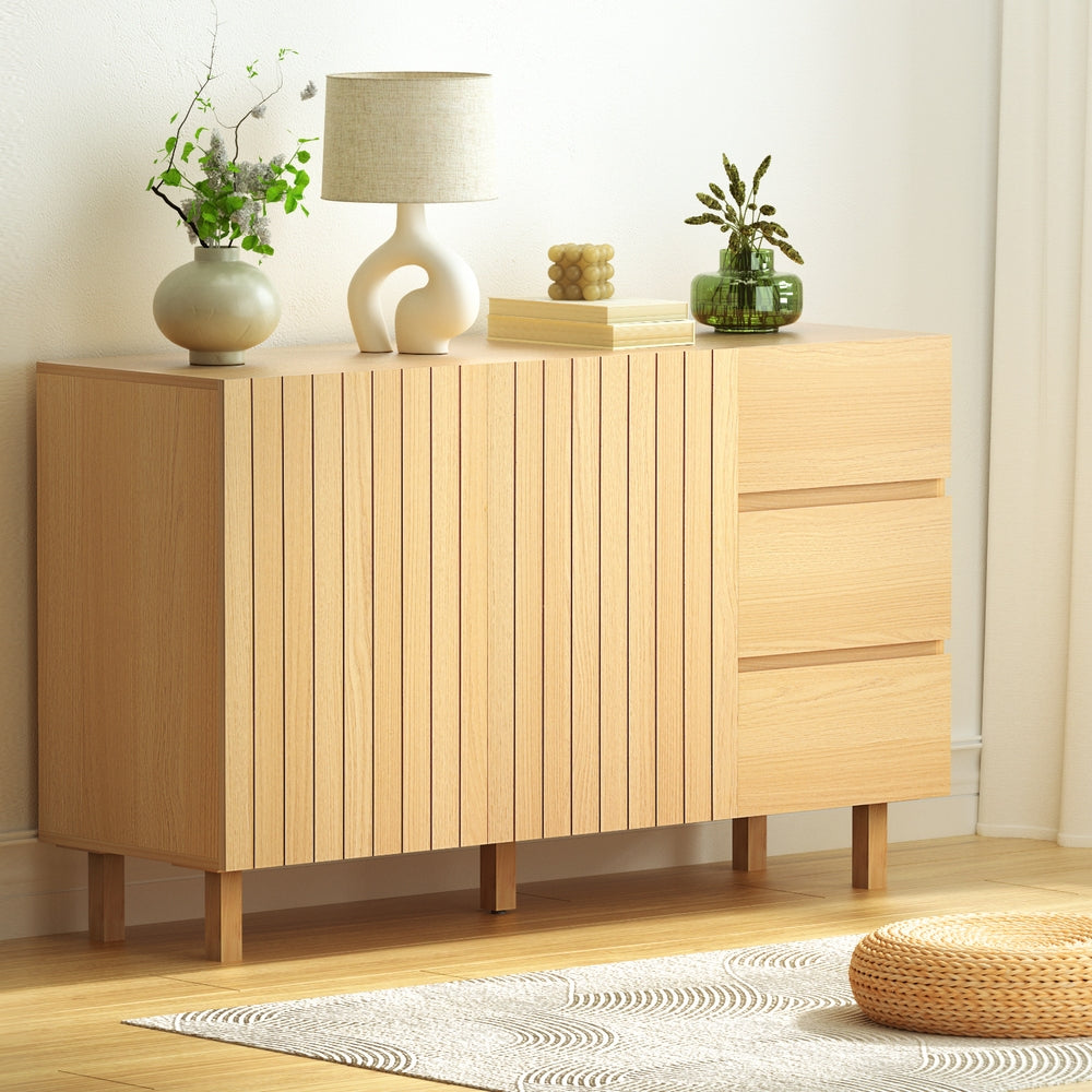Buffets & Sideboards: 130cm Artiss Buffet Sideboard Cupboard Cabinet Pantry Storage Drawer Pine