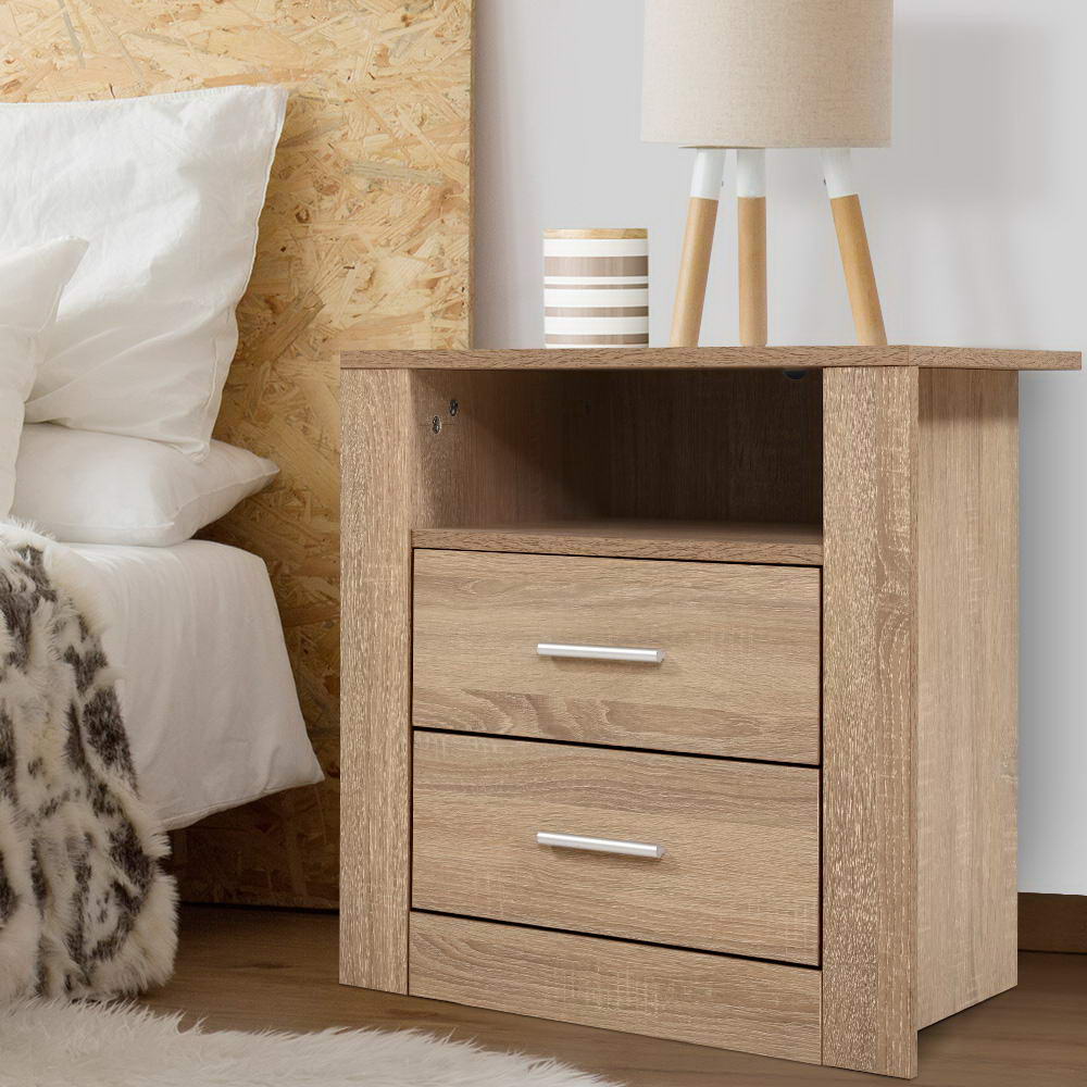 Bedside Tables: Artiss Bedside Table 2 Drawers with Shelf - TARA Oak