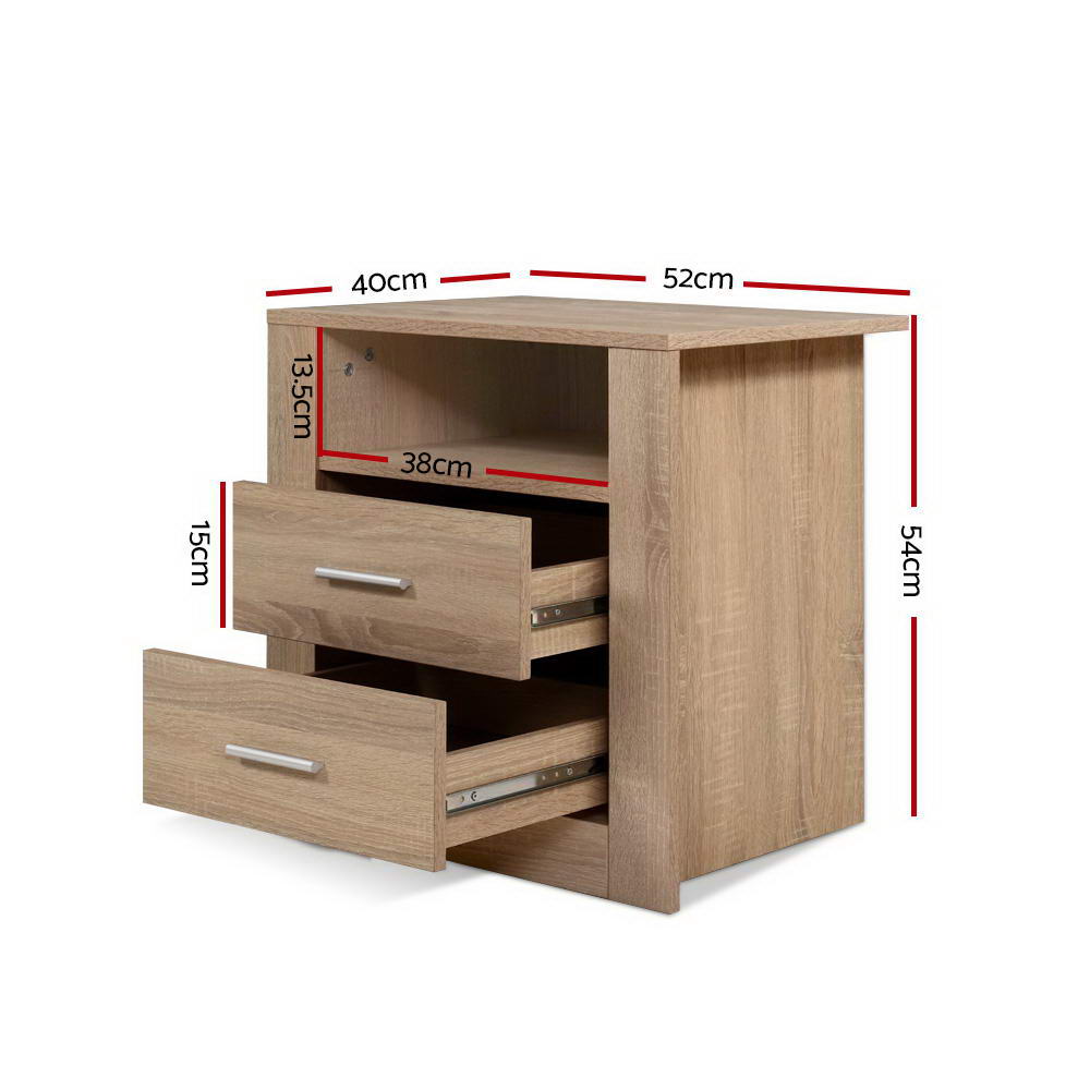 Bedside Tables: Artiss Bedside Table 2 Drawers with Shelf - TARA Oak