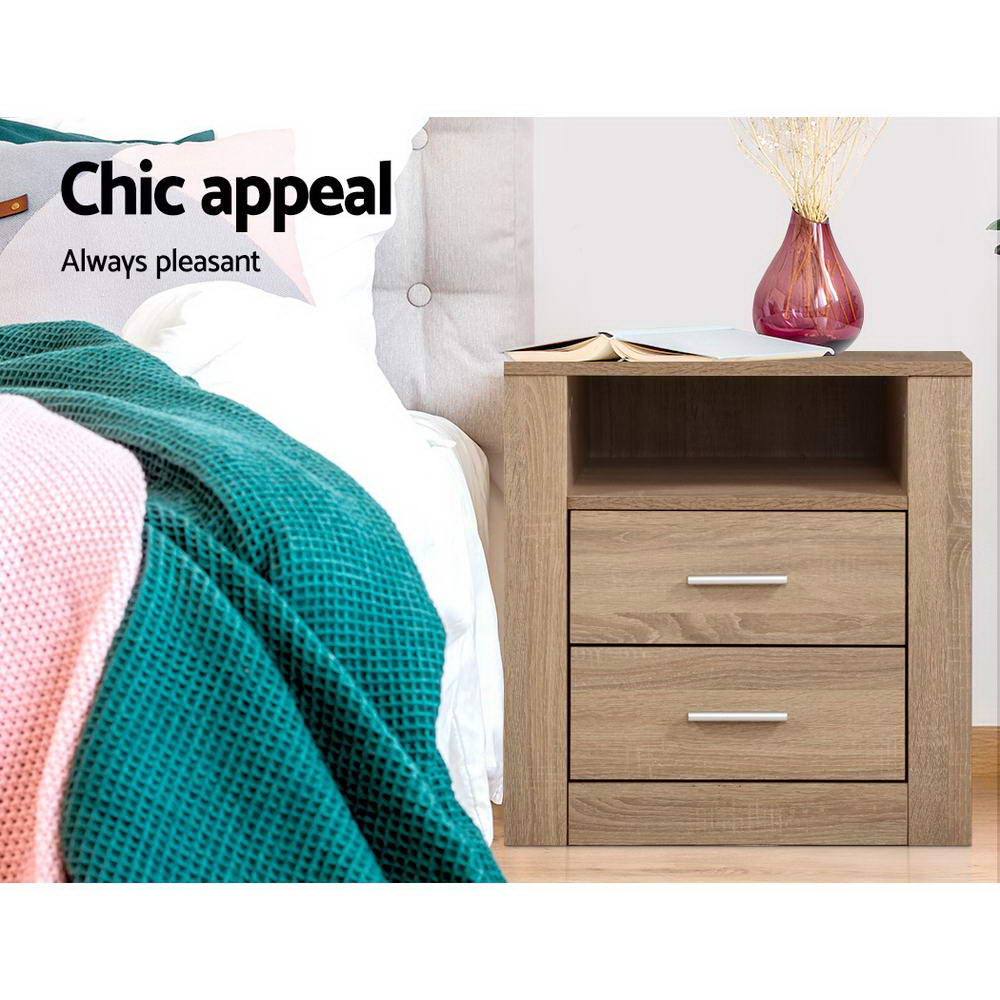 Bedside Tables: Artiss Bedside Table 2 Drawers with Shelf - TARA Oak