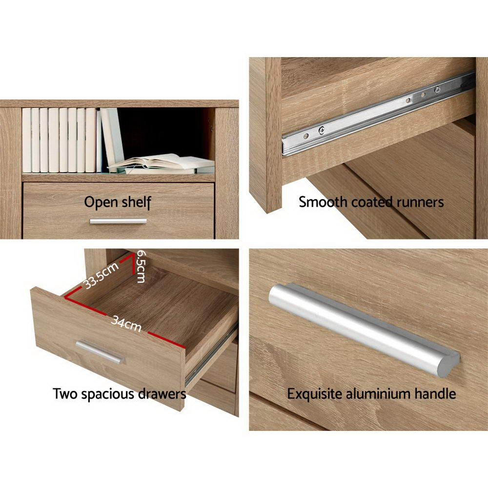 Bedside Tables: Artiss Bedside Table 2 Drawers with Shelf - TARA Oak