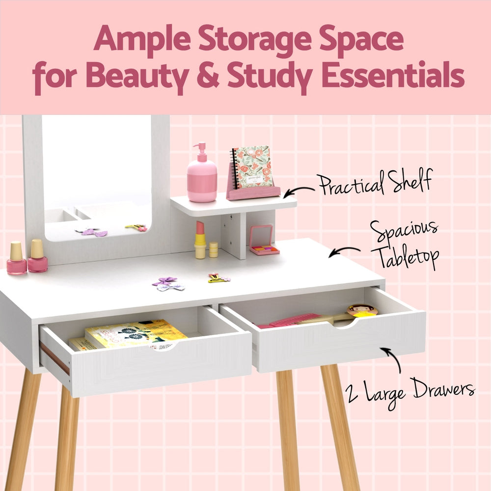 Kid's Dressers, Cupboards & Wardrobes: Keezi Kids Dressing Table Vanity Makeup Chair Set with Mirror Drawers Wooden Legs