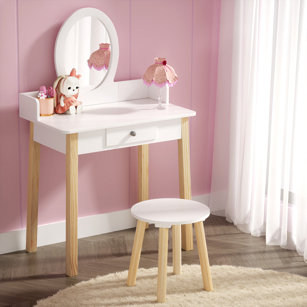 Kid's Dressers, Cupboards & Wardrobes: Keezi Kids Dressing Table Chair Set Wooden Leg Vanity Makeup Drawer Mirror